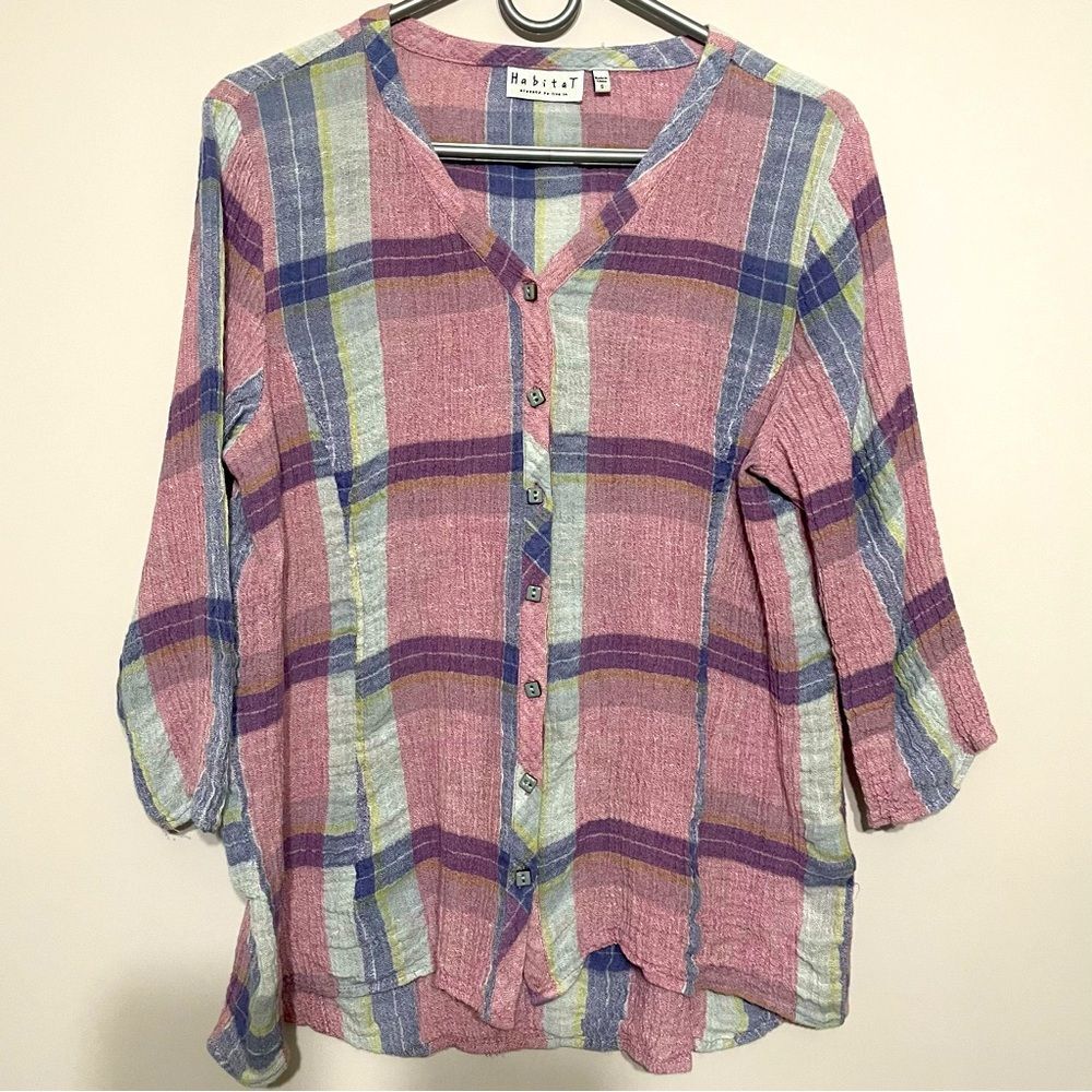 Habitat Size S Pink Plaid 3/4 Sleeve Linen Button Up Top